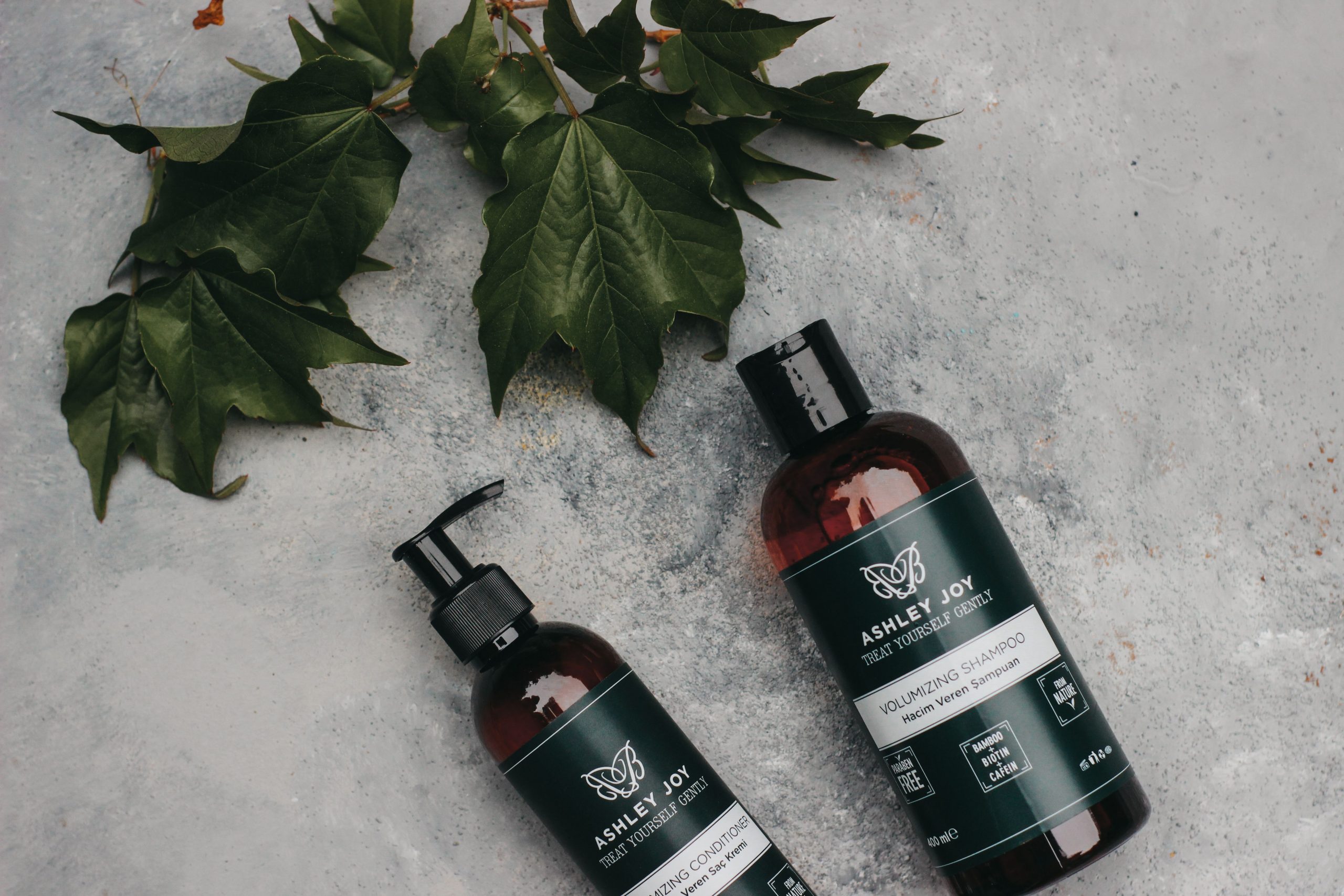 Shampoing volumateur naturel entouré de feuilles vertes